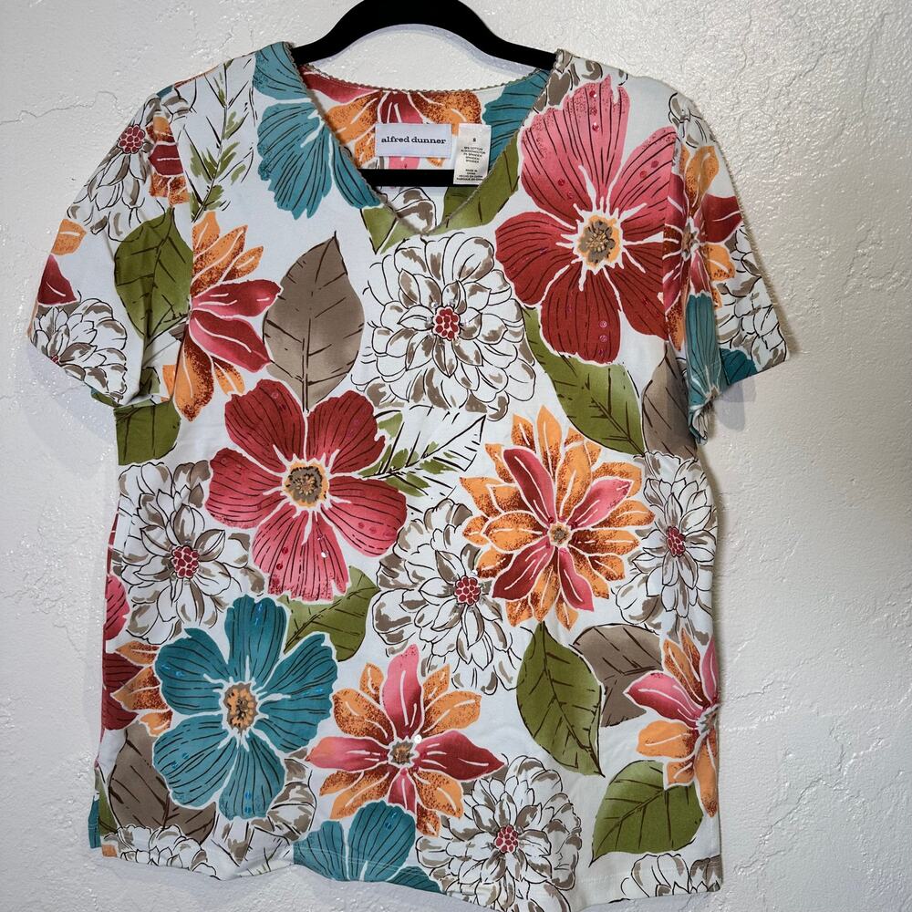 Alfred Dunner Size Small Knit Top Floral Cotton Beaded Sequined Vintage